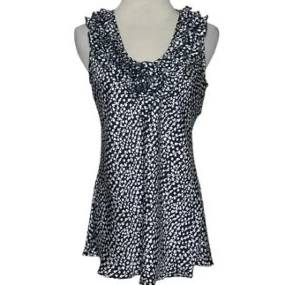 Spense Women's Size 1X Black Silver Dot Sleeveless Ruffle V Neck Tunic Top - Picture 1 of 8